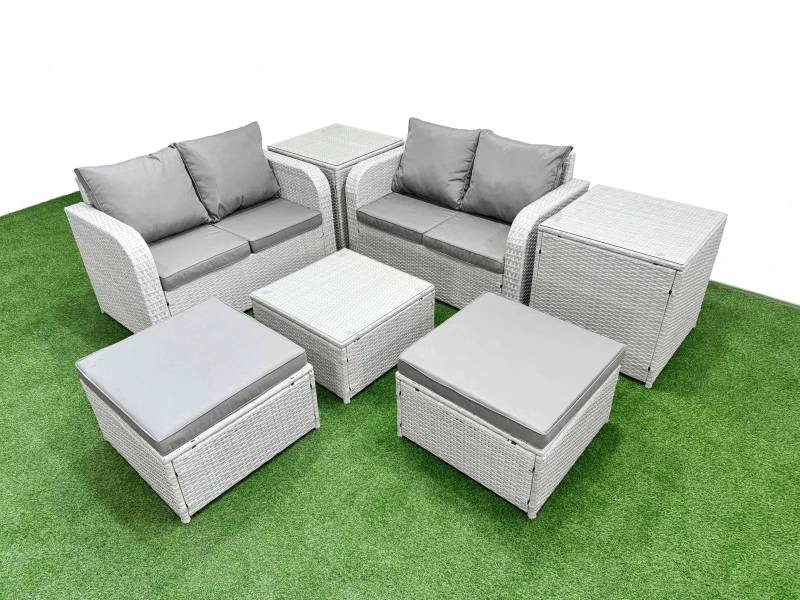 Image of Fimous 6 Seater Outdoor Love Sofa Set Rattan Garden Furniture Set with Square Coffee Table 2 Footstool 2 Side Tables Light Grey Light Grey