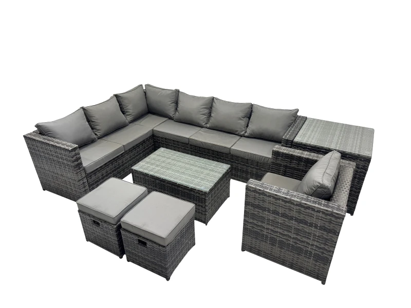 Image of Fimous Outdoor Rattan Garden Furniture Set with Side Table 2 Small Stools in Dark Grey Dark Grey Unisex
