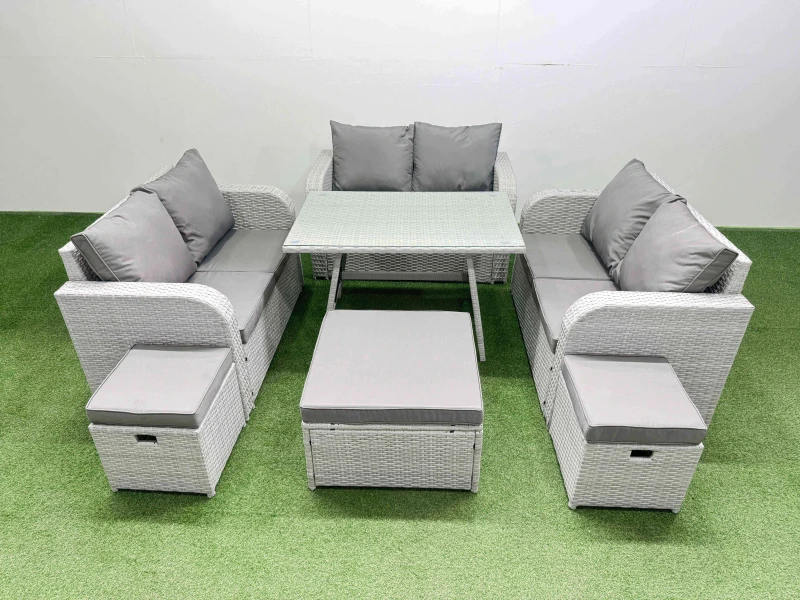 Image of Fimous 9-seater Patio Rectangular Table Love Sofa Set with 3 Stools in Light Grey Light Grey Unisex