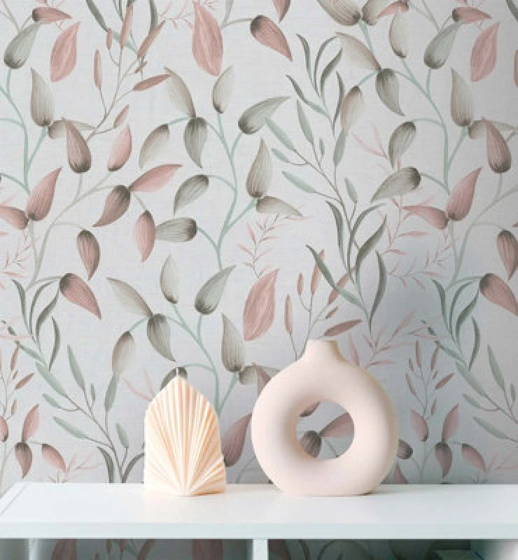 Image of As Creation Bricoflor Non-Woven Wallpaper, Leaf & Palm Wallpaper, Floral, Scandinavian In Grey, Green, Pink - 10,05 X 0,53 M