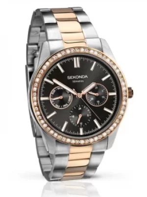 Image of Sekonda Ladies Two Tone Black Day Date Crystal Bracelet Watch 2161