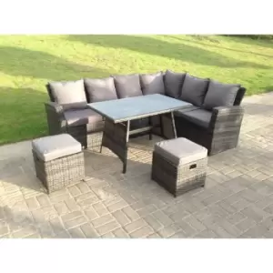 Image of Fimous 6 Seater Outdoor Dark Grey Mixed Rattan High Back Corner Sofa Set with 2 Stools
