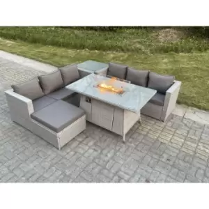 Image of Fimous 6 Seater Outdoor Light Grey Rattan Lounge Complete Sofa Set with Fire Pit and Big Footstool