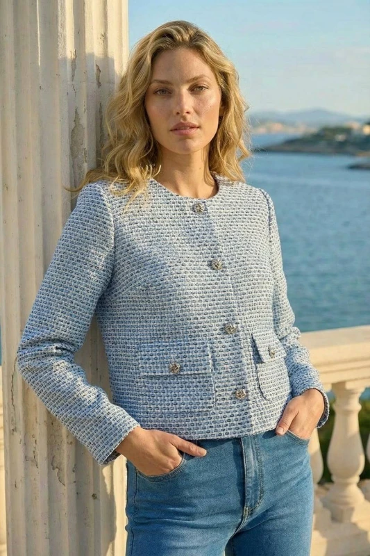 Image of Roman Womens Collarless Boucle Jacket in Blue Size: 16 Blue Female 16