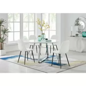 Image of Santorini White Round Table & 4 White Corona Faux Leather Dining Chairs with Black Legs Diamond Stitch - White