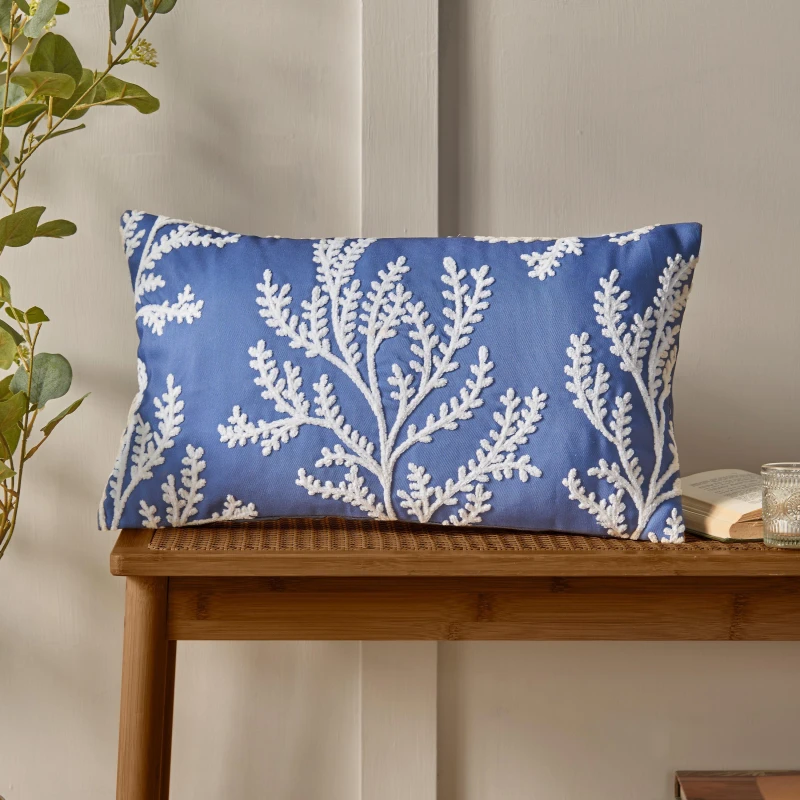 Image of Catherine Lansfield 'Coral Leaf' Embroidered Cushion Blue