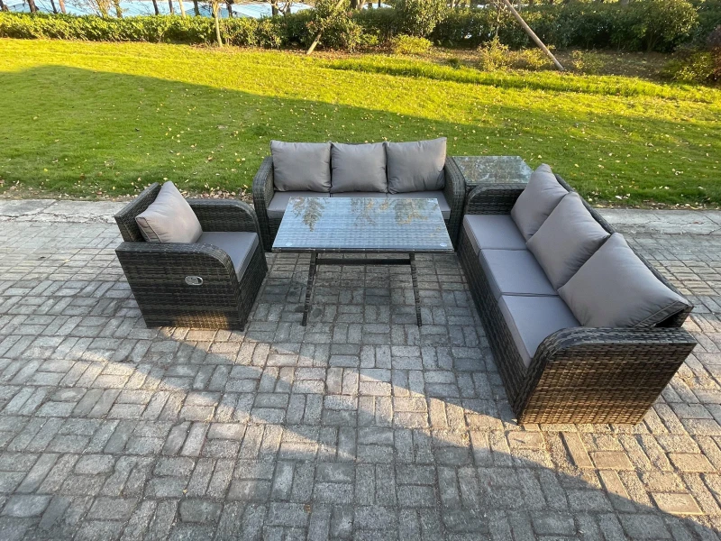 Image of Fimous Outdoor Lounge Sofa Set Wicker PE Rattan Garden Furniture Set with Rectangular Dining Table Reclining Chair Side Table Dark Grey Mixed Dark Gre
