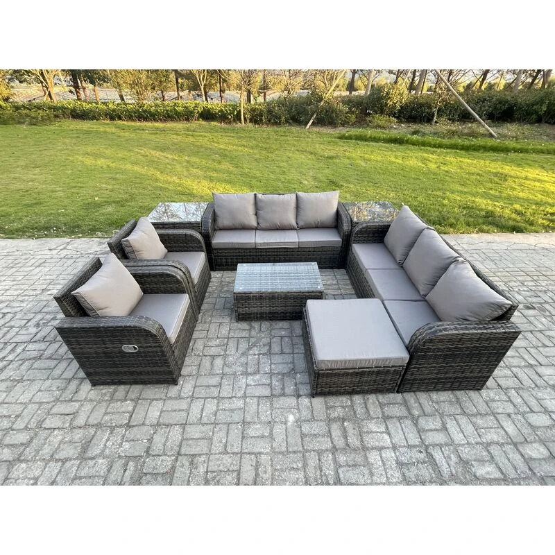 Image of Fimous Rattan Outdoor Garden Furniture Sofa Set Patio Table & Chairs Set with 3 Seater Sofa Reclining Chair 2 Side Table Big Footstool Dark Grey Mixed