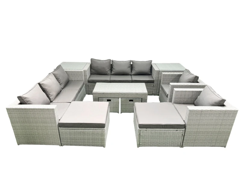 Image of Fimous Rattan Garden Furniture Set Outdoor Lounger Sofa with Coffee Table 4 Footstools 2 Side Tables Light Grey Mixed 12 Seater Light Grey