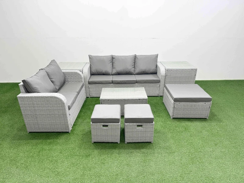 Image of Fimous 8 Seater PE Rattan Wicker Garden Furniture Patio Conservatory Sofa Set with Rectangular Coffee Table 3 Seater Sofa Love Sofa 3 Stool 2 Side Tab