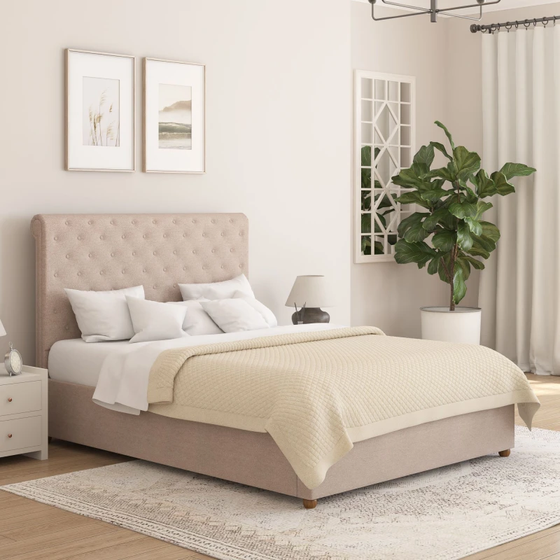 Image of Aspire Aspire Taylor Ottoman Storage Bed Frame in Saxon Twill Fabric in Natural Size: Small Double Natural Small Double Unisex 5057632299017