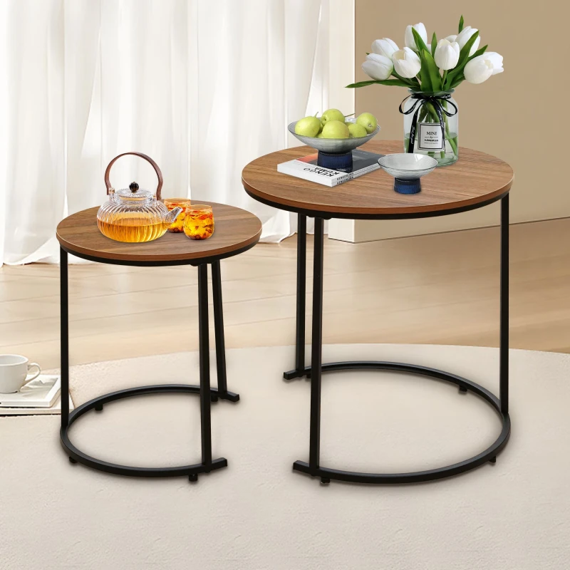 Image of Alivio Set of 2 Round Nesting Coffee Table, Modern Side Tables for Bedroom, Living Room, Balcony in Brown Brown Unisex