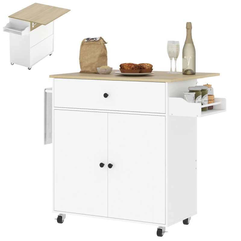 Image of HOMCOM Kitchen Island with Drop Leaf, Rolling Kitchen Storage Trolley, White 801-376V90WT