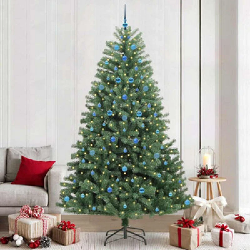 Image of vidaXL Artificial Hinged Christmas Tree Blue Balls Green 240cm PVC and Metal, Green 3395512