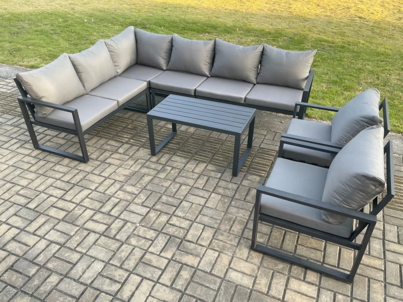 Image of Fimous Aluminium Garden Furniture Set Outdoor Indoor Lounge Corner Sofa 2 Pcs Chair Oblong Coffee Table Sets Dark Grey 8 Seater Dark Grey Unisex