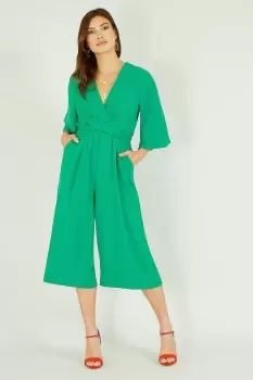Image of Green Kimono Style Jumpsuit With Tie Waist and Pockets