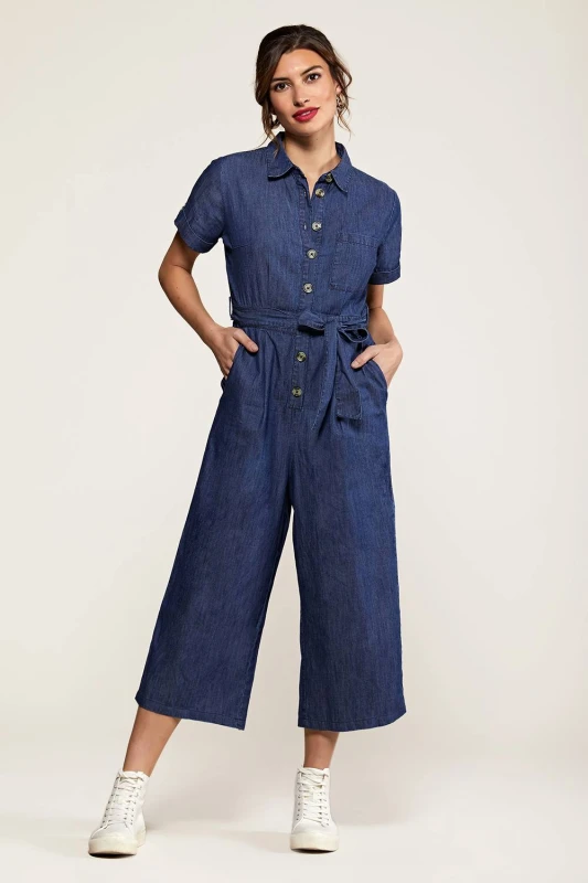 Image of Yumi Womens Navy Cotton Denim Jumpsuit in Blue Size: 14 Blue Female 14