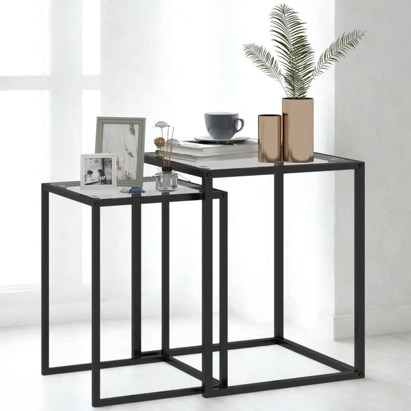 Image of FURNOS Set Of 2 Nesting Side End Coffee Tables With Tempered Glass Top in Black Unisex