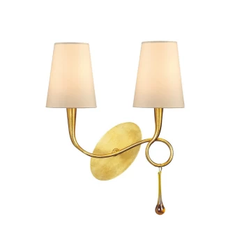 Image of Paola Wall Lamp Switched 2 Light E14, Gold Painted with Cream Shades & Amber Glass Droplets