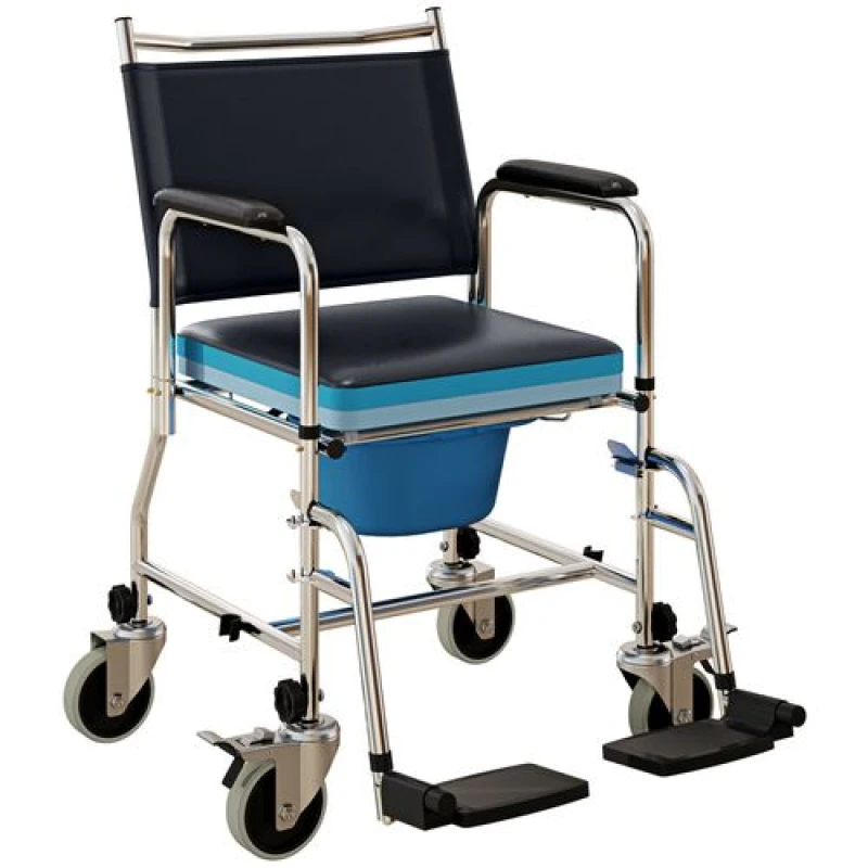 Image of HOMCOM Shower Wheelchair, Commode Wheeled Chair with Padded Seat, Backrest Black