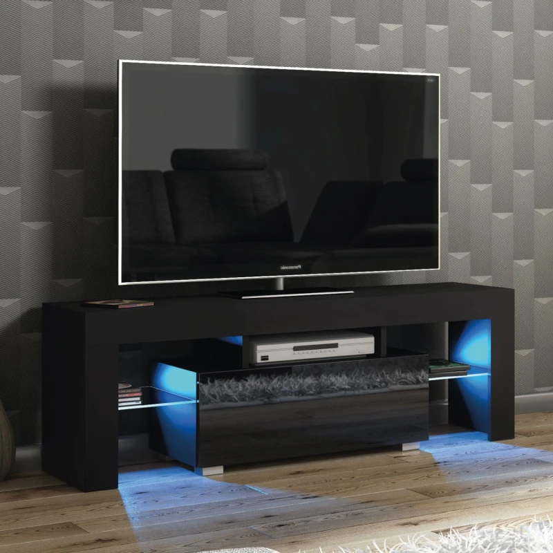 Image of Mex Furniture LTD TV Unit with LED Lighting & Gloss Doors / 130cm in Black Unisex