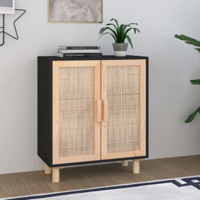 Image of Vidaxl Sideboard Black 60X30X70 Cm Solid Wood Pine And Natural Rattan, Black 345631