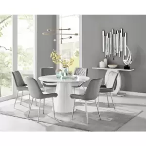 Image of Furniturebox Palma White High Gloss 6 Seat Minimalist Post Modern Round Dining Table & 6 Grey Pesaro Silver Leg Velvet Chairs
