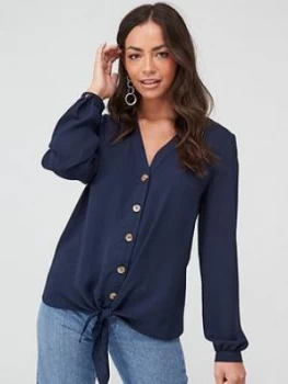 Image of Wallis Linen Look Tie Front Shirt - Ink, Size 10, Women