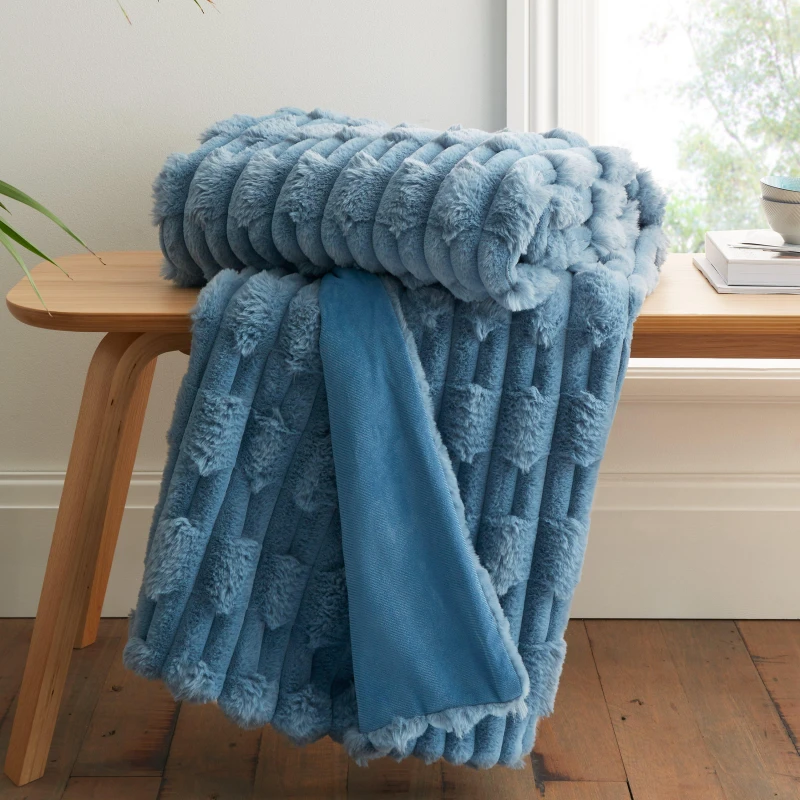 Image of Bianca So Soft Carved Faux Fur Blanket Throw - Blue Blue One Size