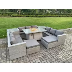 Image of Fimous 9 Seater Outdoor Light Grey Rattan Lounge Sofa Complete Set with Gas Fire Pit and 2 Big Footstools