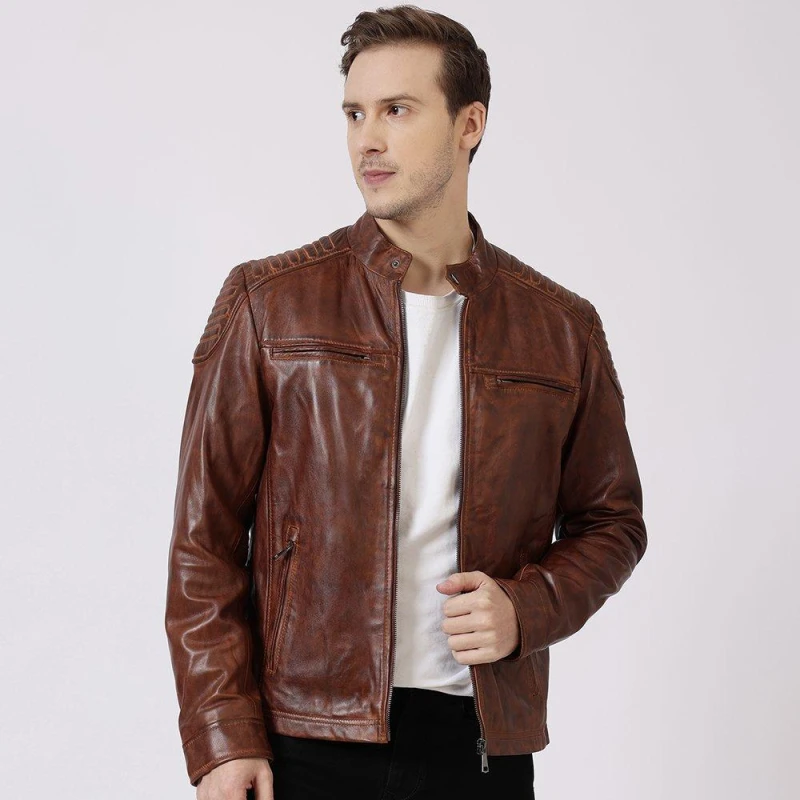 Image of PRIMEHIDE Leather Mens Thomas Biker Leather Long Sleeve Leather Jacket Brown male S