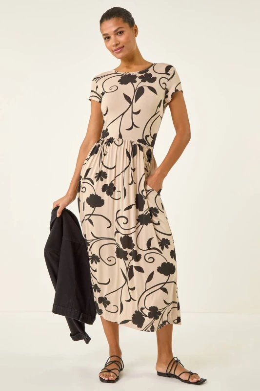 Image of Roman Womens Shadow Floral Print Pocket Midi Dress in Stone Size: 18 Stone Female 18
