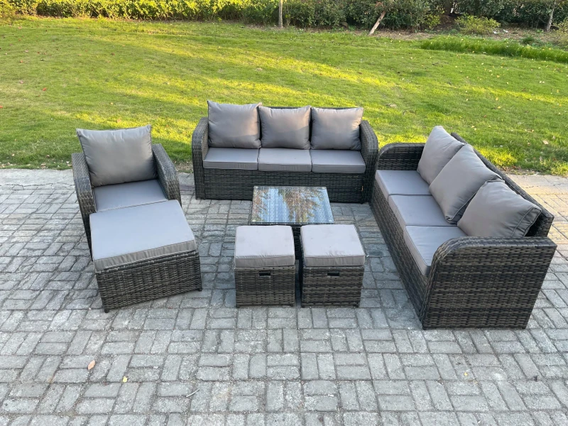 Image of Fimous Outdoor Rattan Garden Furniture Set Conservatory Patio Sofa Coffee Table With Reclining Chair 3 Footstools Dark Grey Mixed Dark Grey