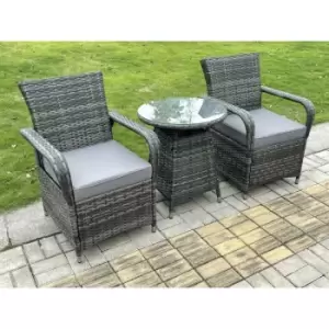 Image of Fimous 2 Seater Outdoor Dark Grey Rattan Lounge Complete Sofa Set with Curved Arm Chairs and Small Round Table
