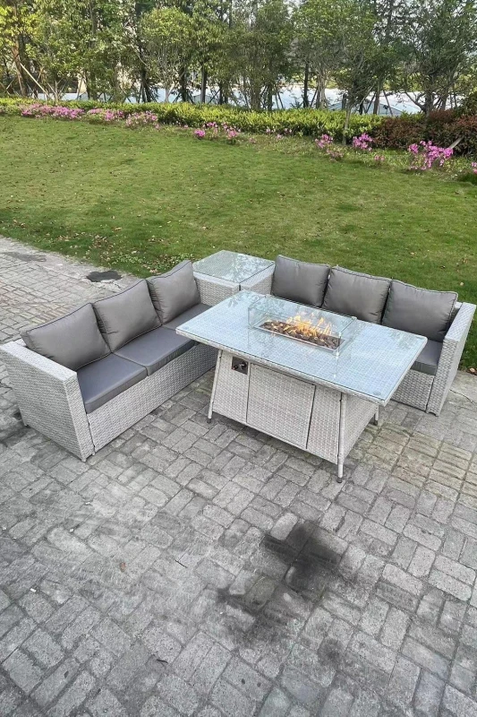 Image of Fimous Corner Rattan Fire Pit Garden Furniture Set Gas Heater Burner Lounge Sofa Dining Table Light Grey