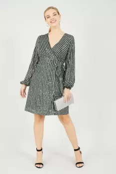 Image of Green and Silver Stripe Sequin Wrap Dress