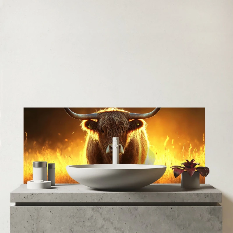 Image of Warren Reed - Designer Highland Cow Sunset Glass Bathroom Splashback in Orange Orange Unisex