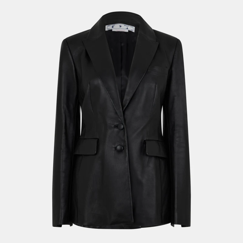 Image of Off White Womens Lapel Blazer Structured Leather Jacket Black/White female 8 (XS)