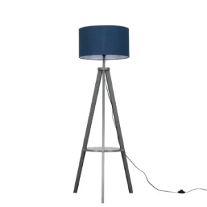 Image of Morrigan Grey Wood Tripod Floor Lamp with XL Navy Blue Reni Shade