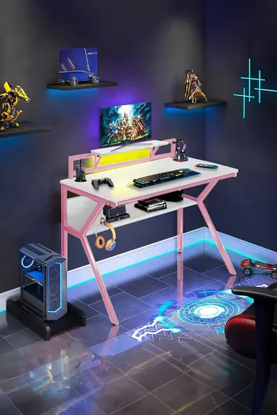 Image of Neo Ergonomic 2 Tier Gaming Computer Office Desk Pink