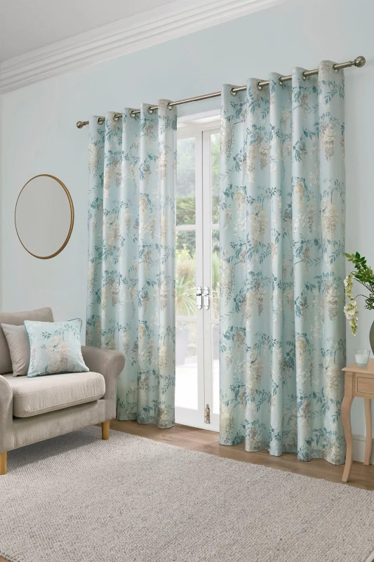 Image of Dreams & Drapes 'Wisteria' Floral Print Pair of Eyelet Curtains in Duck Egg Blue Size: 229cm width x 229cm drop Duck Egg Blue Unisex 229cm width