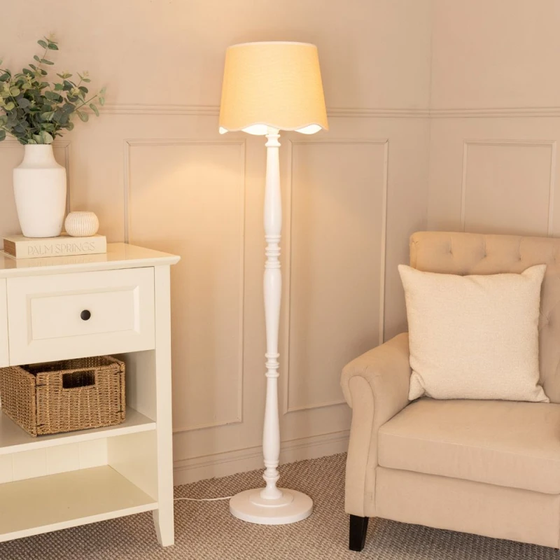 Image of ValueLights Victoria White Wood Candlestick Floor Lamp with Linen Scallop Trim Tapered Shade White