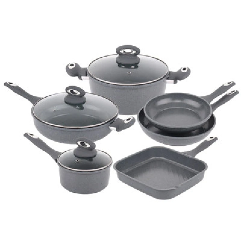 Image of Gr8 Home Forged 9 Piece Grey Marble Carbon Steel Non Stick Saucepan Cookware Set Grey
