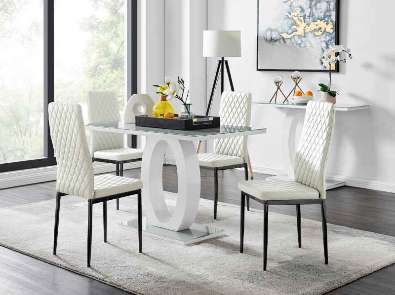 Image of FurnitureboxUK FurnitureboxUK Giovani 4 Grey Dining Table & 4 Milan Black Leg Chairs in Off White Off White One Size Unisex 5056542650383