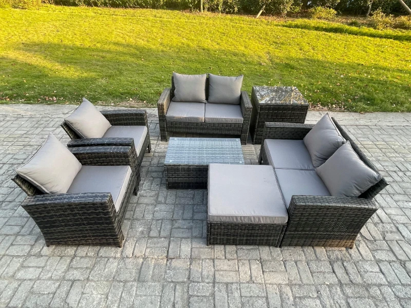 Image of Fimous Garden Furniture Sets 7 Pieces Outdoor Rattan Furniture Manual Wicker Patio Sofa Chair Set with Coffee Table Big Footstool in Dark Grey Dark Gr