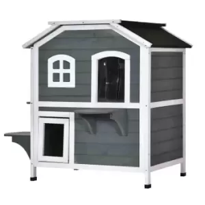 Image of Pawhut Wooden Cat House& Cat Cave w/ Condos - Grey