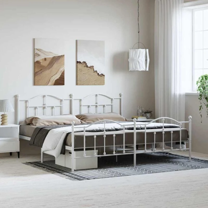 Image of Vidaxl Metal Bed Frame Without Mattress With Footboard White 193X203 Cm, White 353512