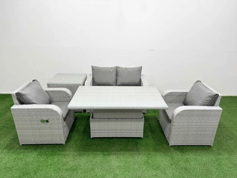 Image of Fimous Light Grey PE Wicker Rattan Garden Furniture Set Sofa Set Reclining Chair Adjustable Lifting Dining or Coffee Table 4 Seater With Side Table Li