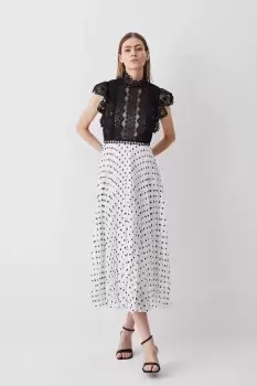 Image of Guipure Lace Dot Pleated Skirt Midi Dress