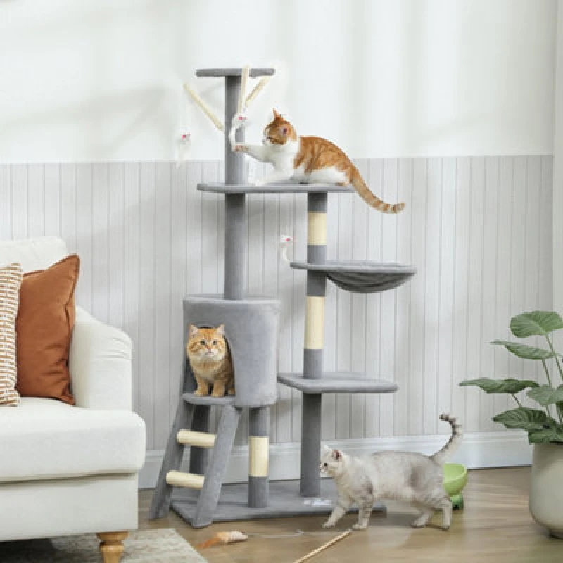 Image of Pawhut Cat Tree For Indoor Cats, 134Cm Scratching Post Climbing Tower, Grey